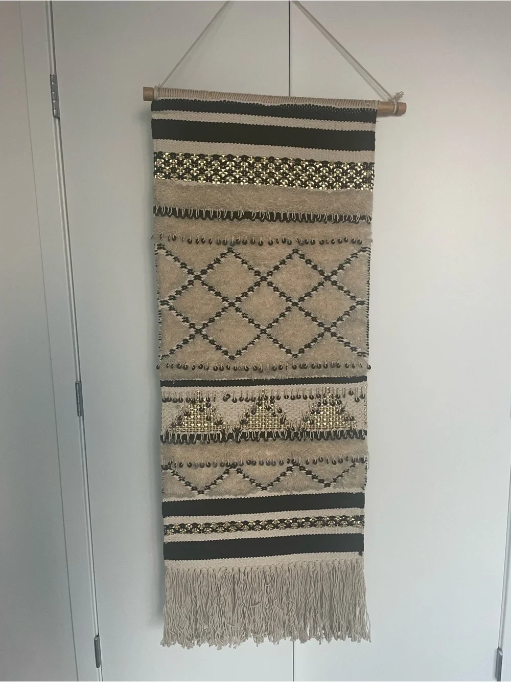 Sequin and Shag Neutrals Fringe Woven Wall Hanging Moroccan Style